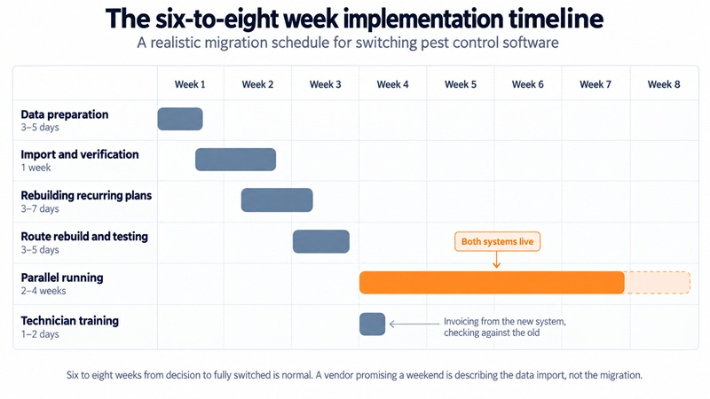 Timeline showing the stages of a pest control software migration