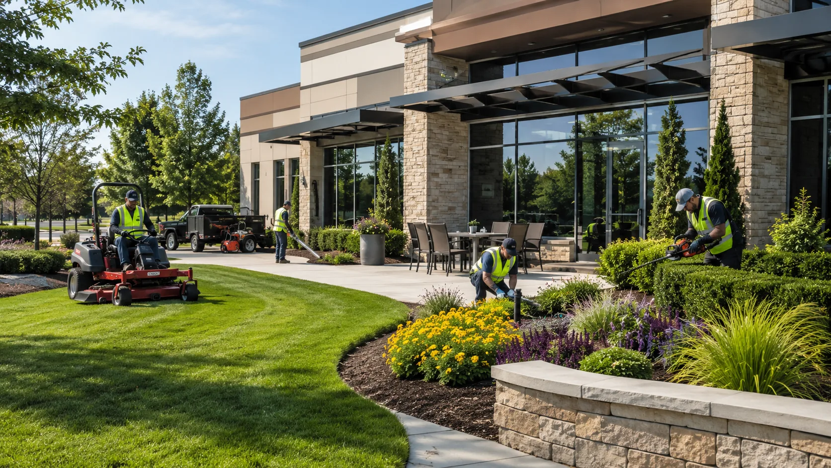 Commercial landscaping crew maintaining a business property