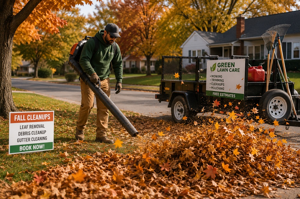 Lawn care operator performing a fall leaf cleanup for off-season revenue