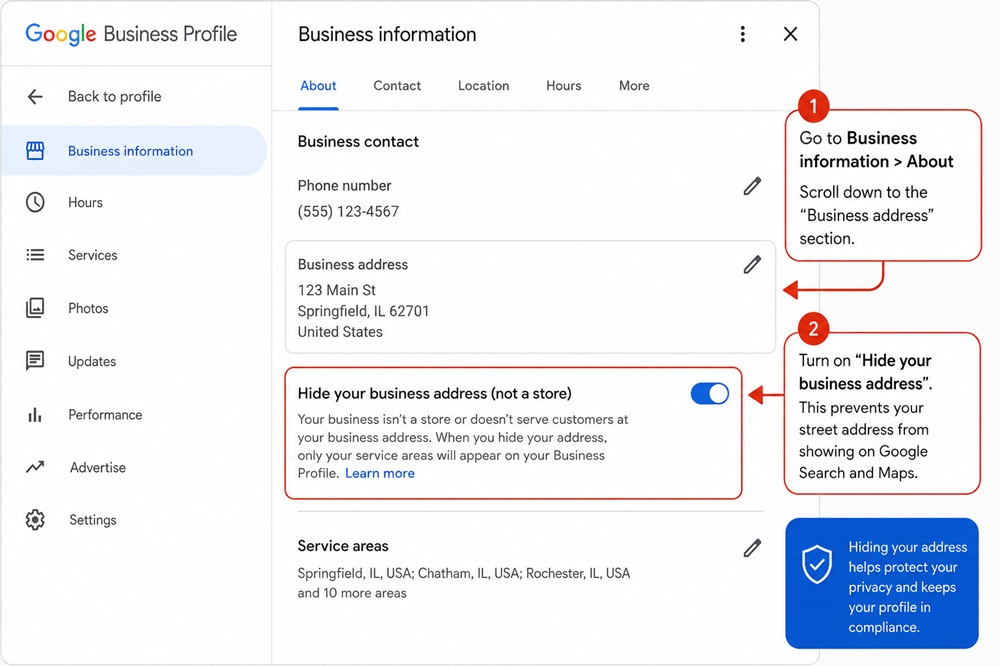 Google Business Profile settings showing where to hide your business address