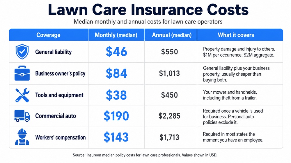 Median monthly insurance costs for lawn care businesses by policy type