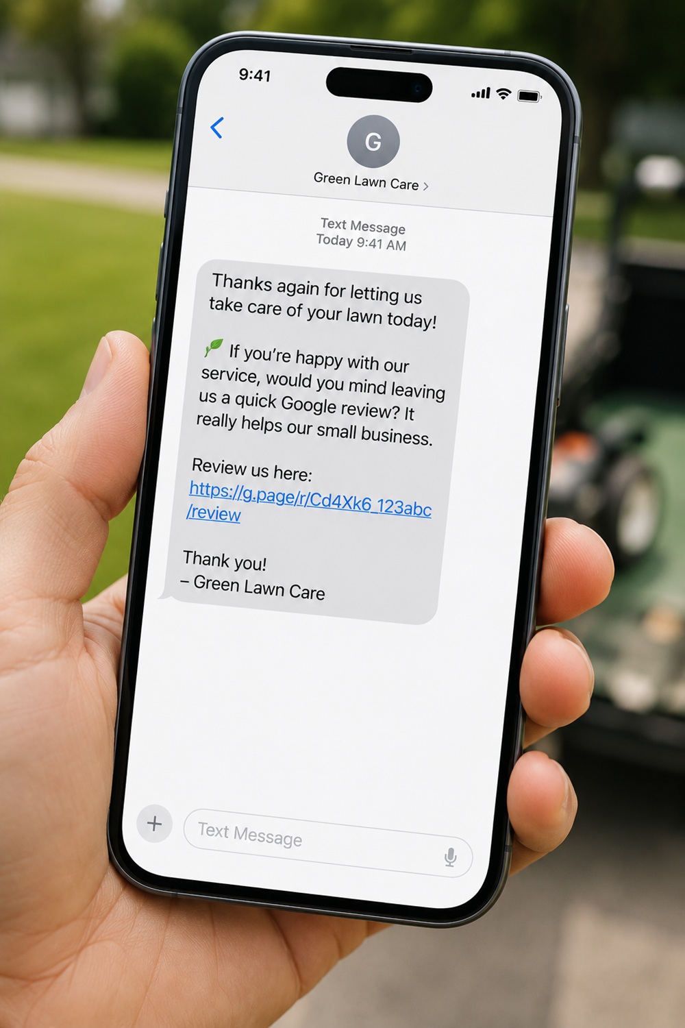 Text message requesting a Google review with a direct review link