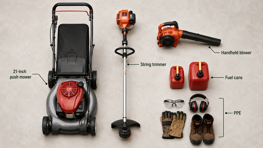 Starter equipment kit for a new lawn care business with labeled components