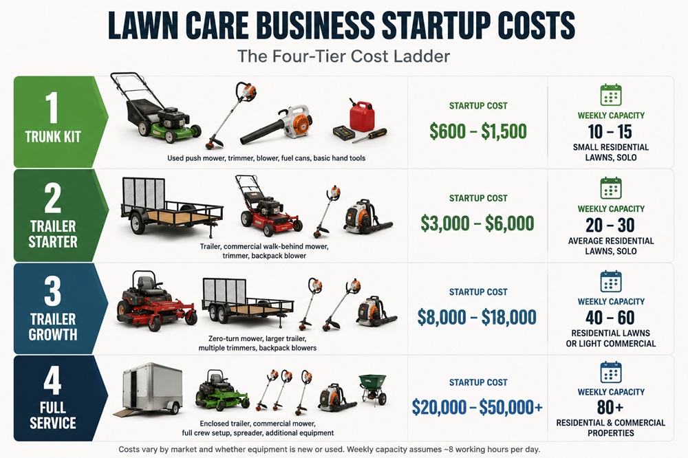 Chart comparing lawn service startup costs across four equipment tiers