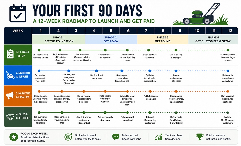 Twelve-week startup timeline for a new lawn service business