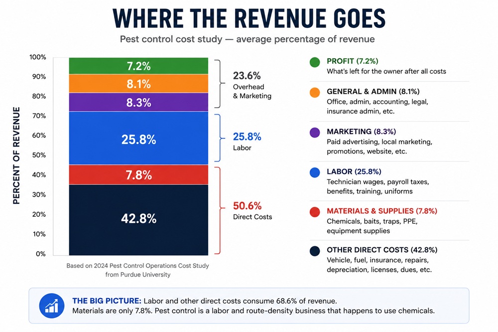 Chart showing pest control revenue split across labor, materials, marketing and profit