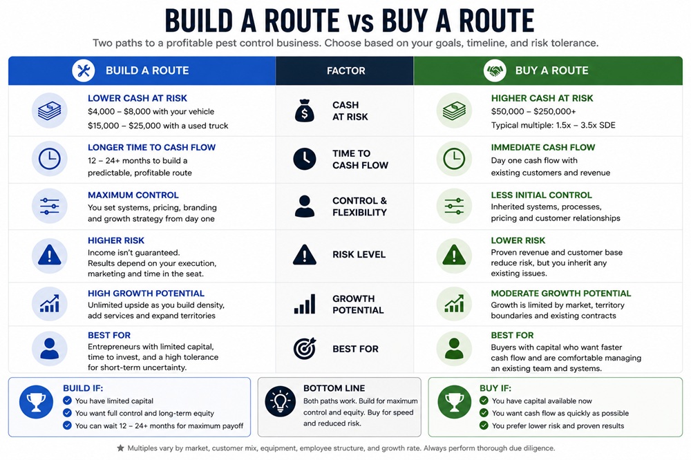 Decision matrix comparing building a pest control route to buying one