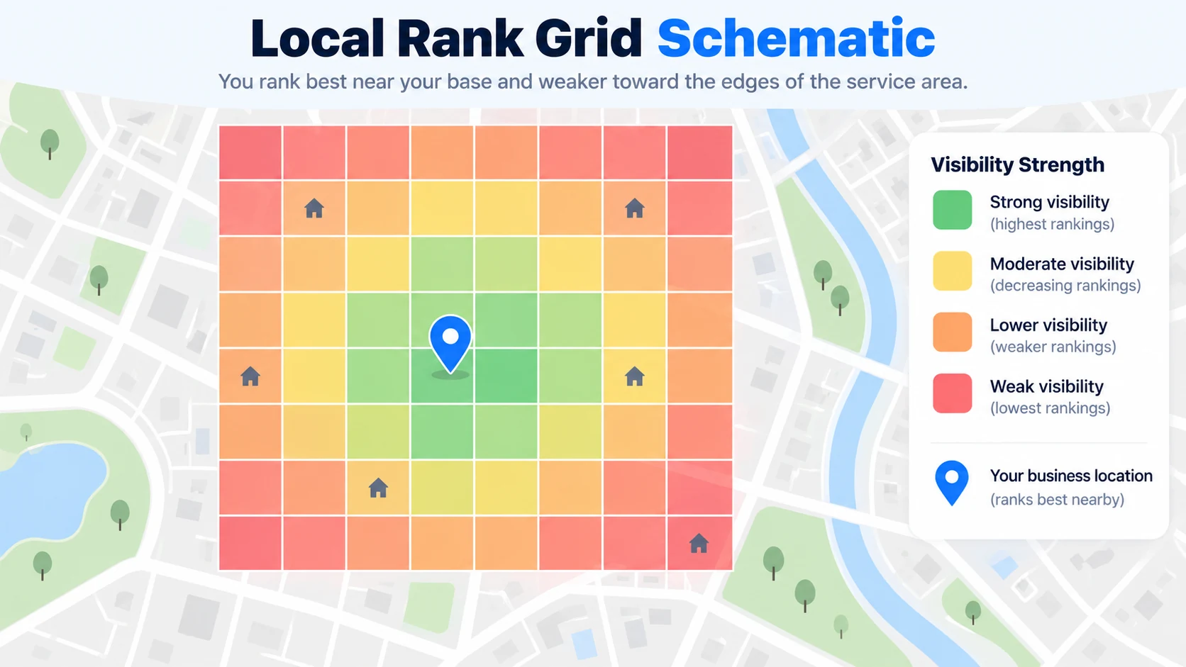Illustrative service-area grid showing a lawn care business ranking well near its base and poorly toward the edges.
