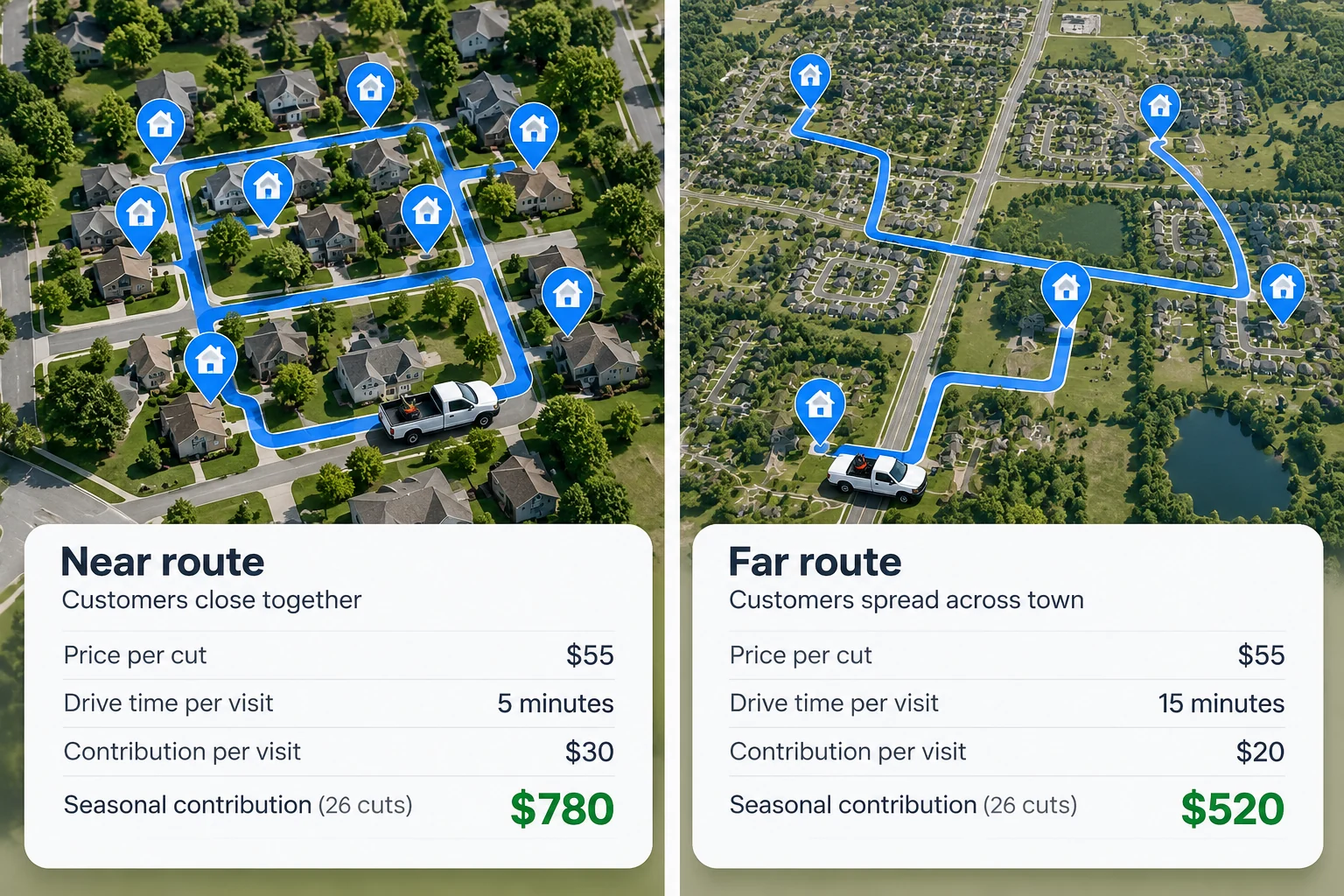Comparison showing the same $55 lawn care customer yields about $780 seasonal gross contribution on a dense route versus $520 across town.
