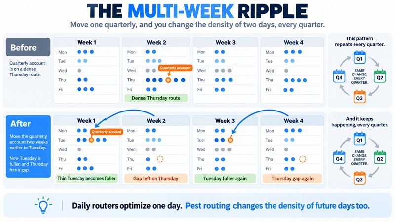 A four-week schedule showing one recurring pest account moved two weeks earlier, thinning one service day and thickening another, with the change repeating each cycle.