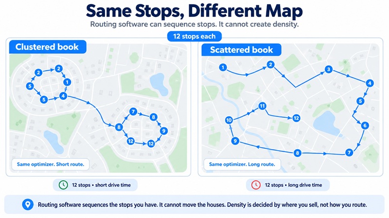 Two service-area maps with the same twelve stops. On the left the stops cluster into two neighborhoods and the route is short; on the right the same stops are scattered and the route is long, showing route optimization cannot fix a scattered book.