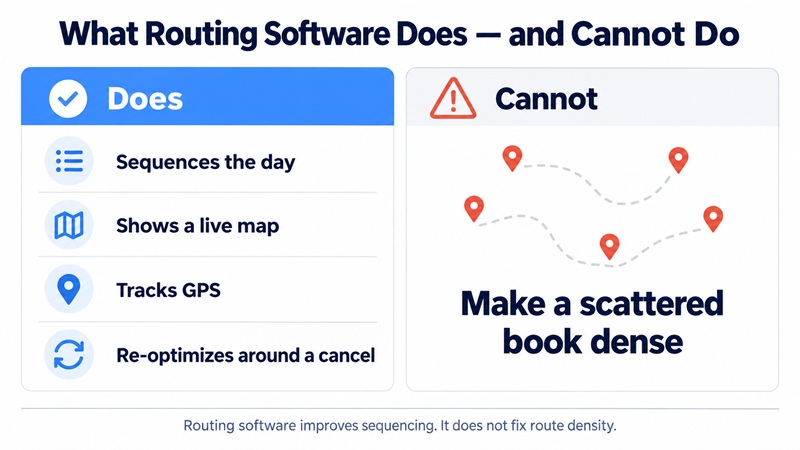 Two columns: routing software sequences stops, shows a live map, tracks GPS, and re-optimizes around changes, but cannot make a scattered customer book dense.