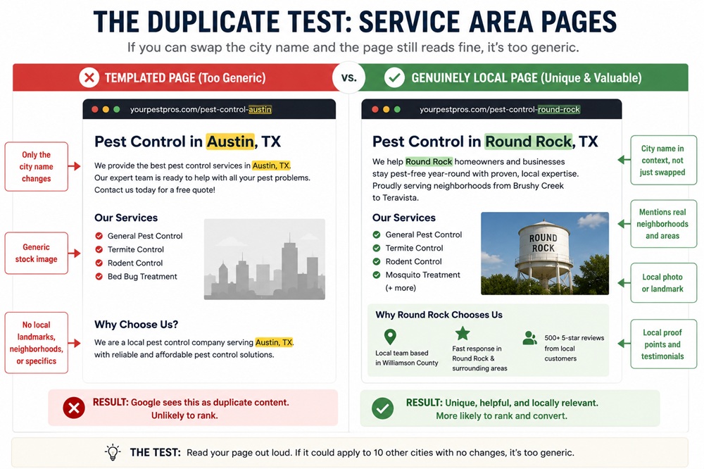 Comparison of a templated service area page and a genuinely localized one