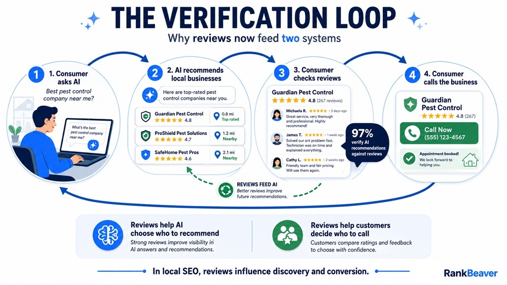 Diagram showing how consumers verify AI local business recommendations against reviews