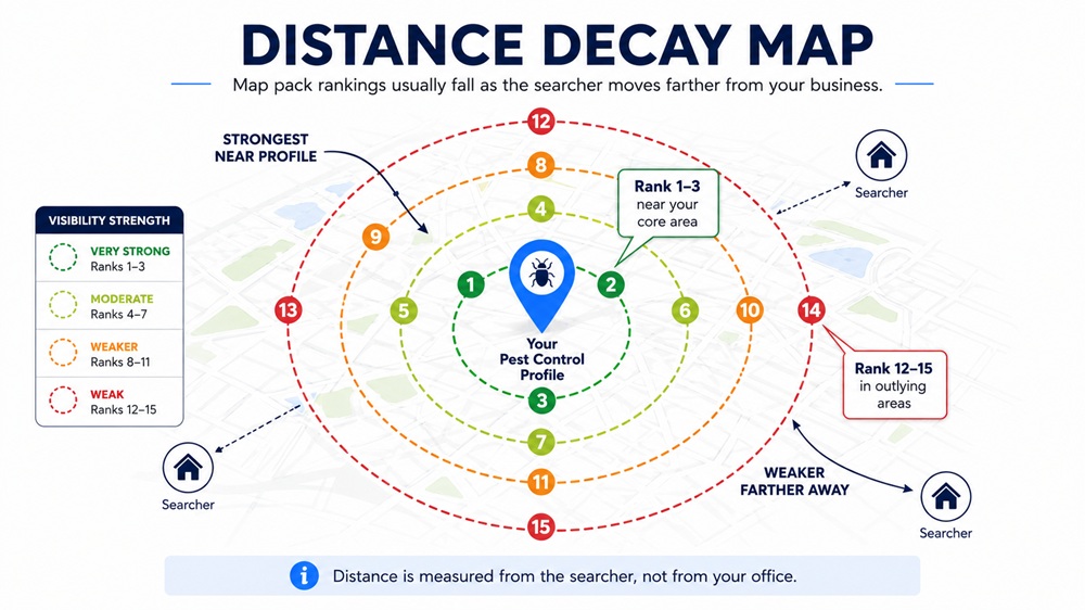 Diagram showing how pest control map pack rankings decay with distance from the business