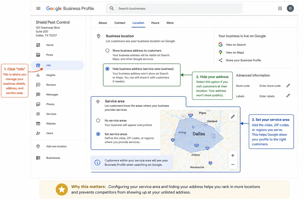 Google Business Profile settings showing service area configuration