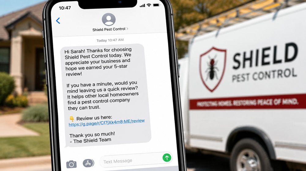 Text message requesting a Google review after a pest control service