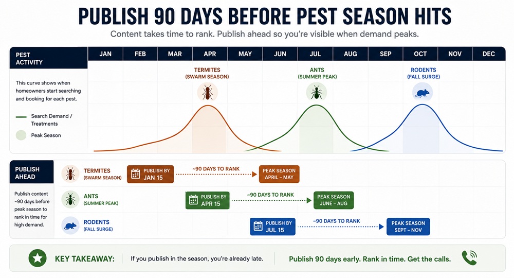 Timeline showing seasonal content published ninety days before pest season