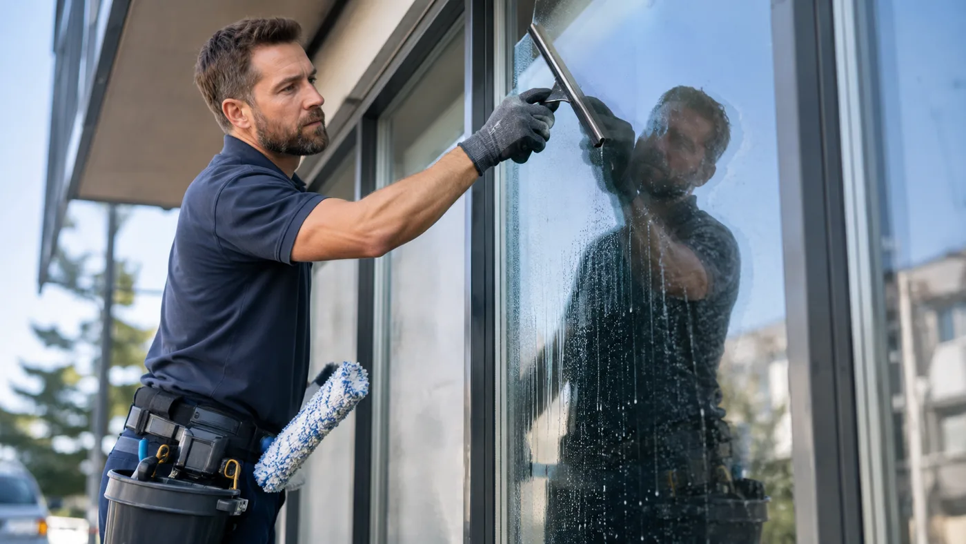 Professional window cleaning crew tools