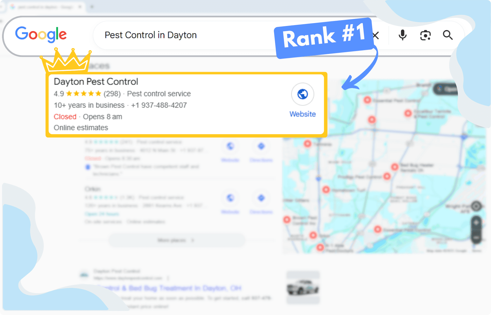 Google Search results showing a pest control business ranking at the top of the local map pack